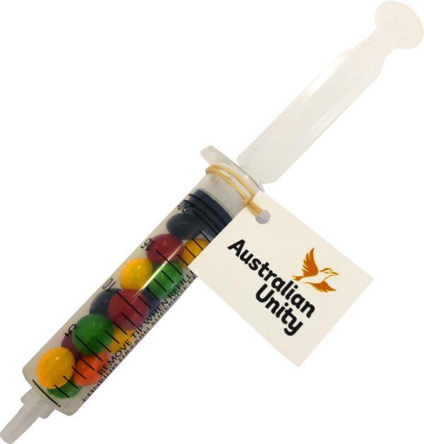 Promotional Skittles in syringe