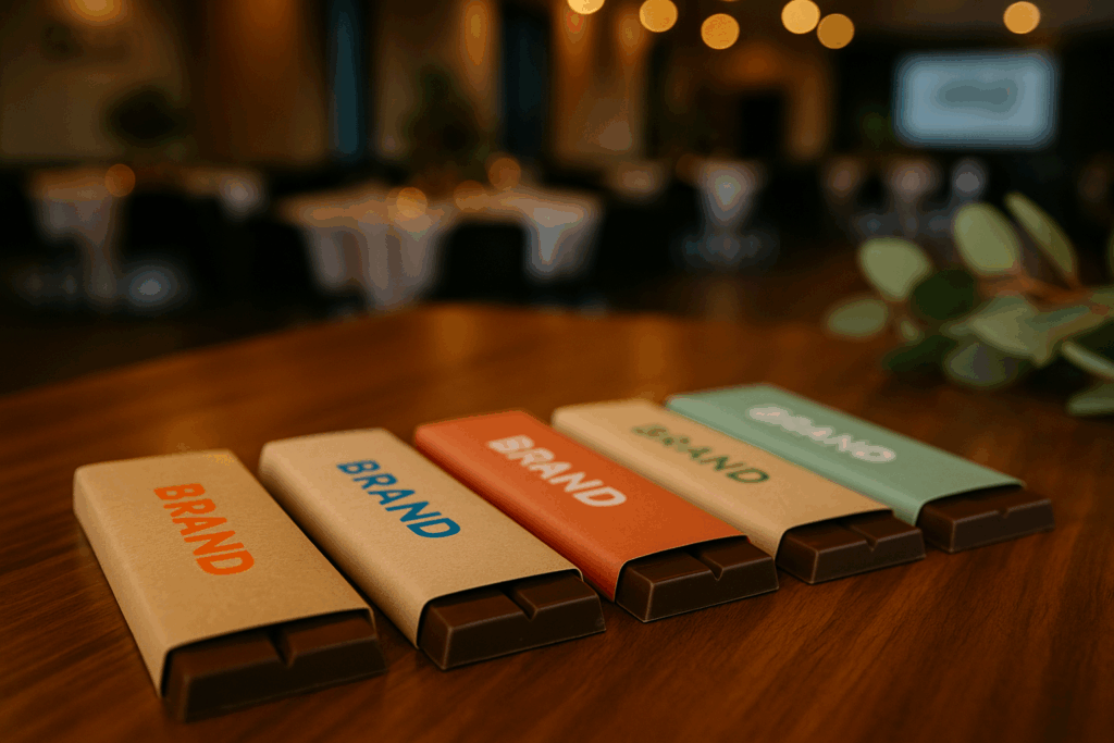  Branded chocolate bars with paper sleeves at a winter event