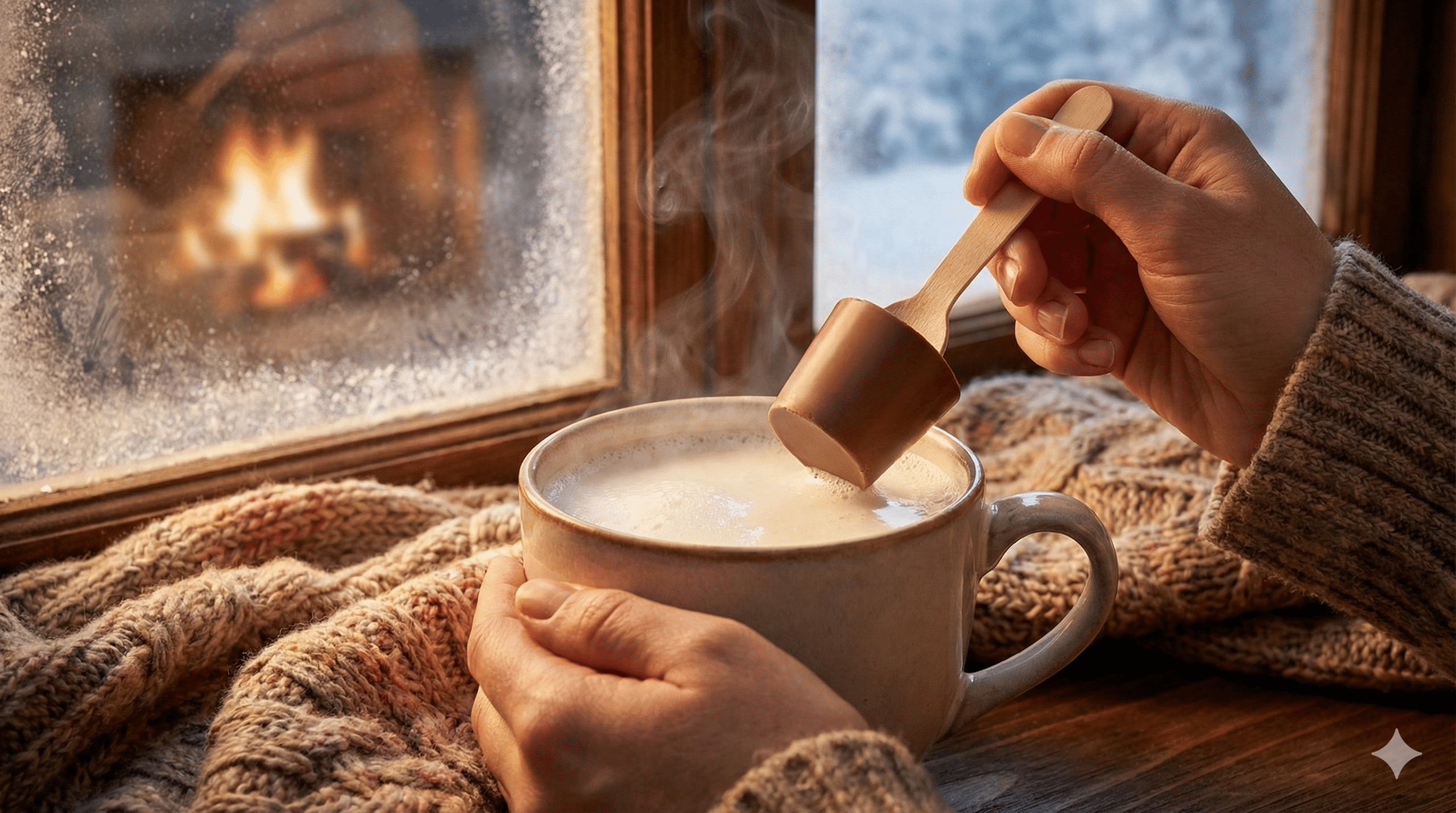 A person about to dip their branded hot chocolate spoon into a cup of warm milk