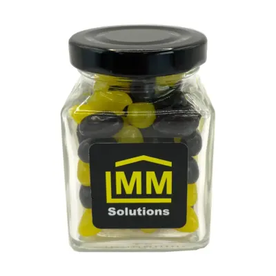 Promotional Small Square Glass Jar with Jelly Beans 100g