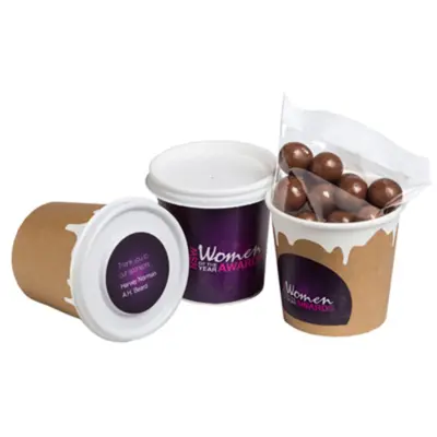 Promotional Coffee Cup With Choc Coated Coffee Beans 50g – WRAP AROUND sticker