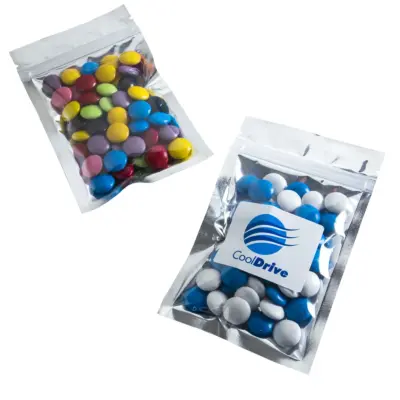 Branded Silver Zip Lock Bag with Choc Beans 50g
