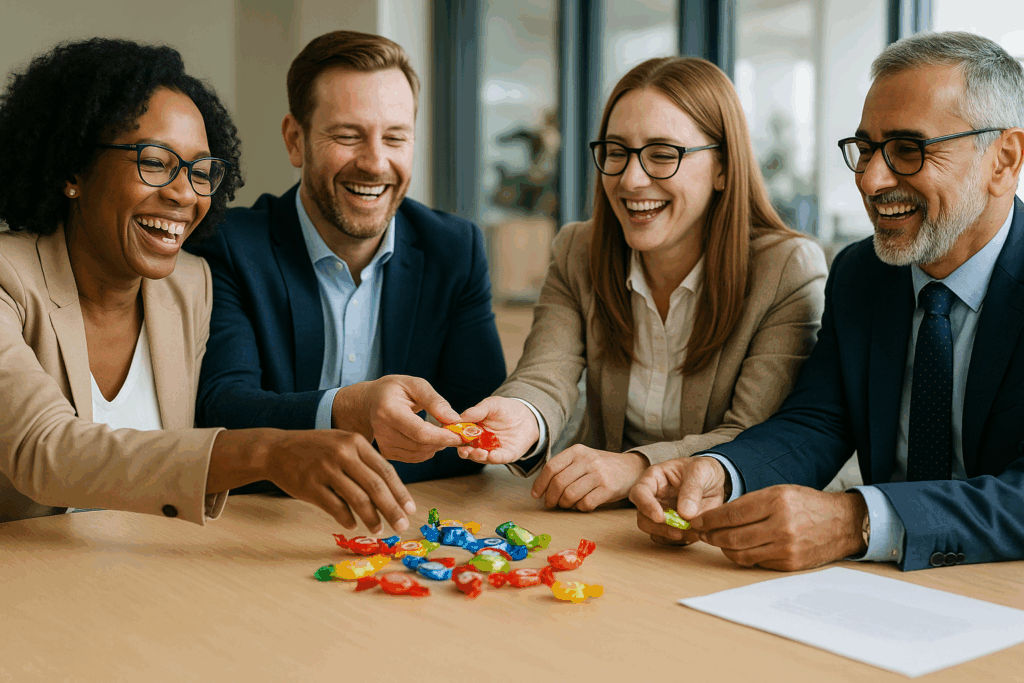 people enjoying lollies around a conference table 