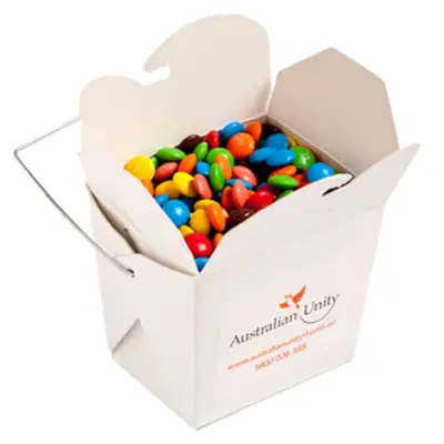 Branded White Cardboard Noodle Box with Mini M&Ms 100g