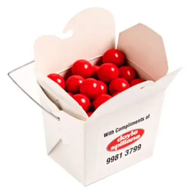 Promotional White Cardboard Noodle Box with Orange Choc Drops 100g