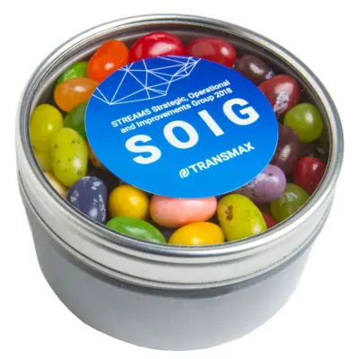 Promotional Small Round Acrylic Window Tin with JELLY BELLY Jelly Beans 150g