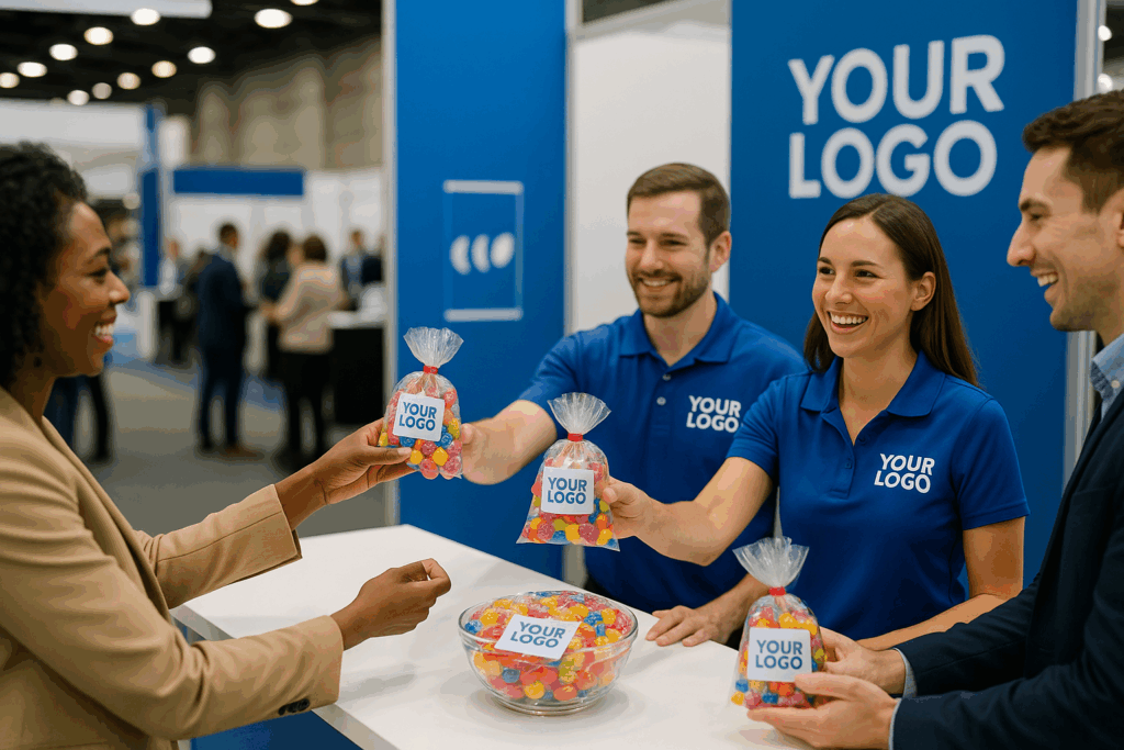 handing out lollies at an expo | confectionery events